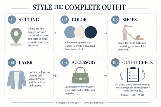 Decision path for styling a blue floral maxi dress: choose the setting, supporting color, shoes, layer, accessory, and complete a final outfit check.