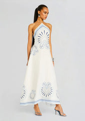 IVNO Cobalt Petal Linen Halter Maxi Dress