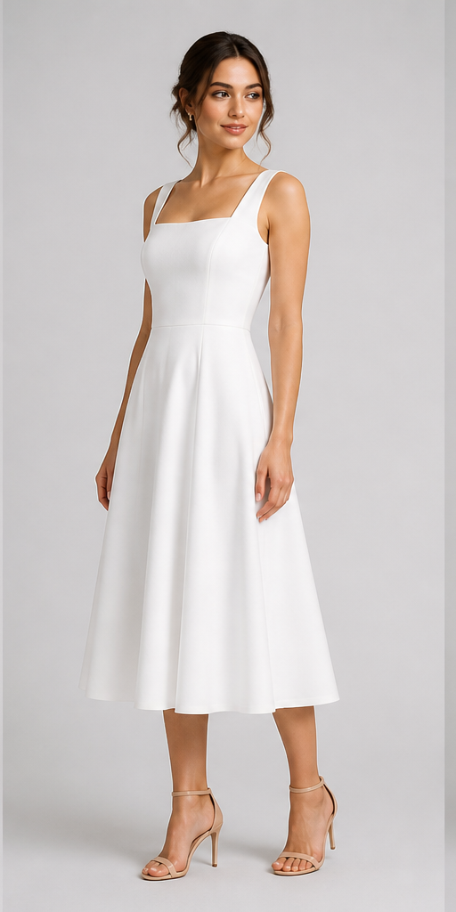 White Square-Neck Fit-and-Flare Midi Dress - White - view 2